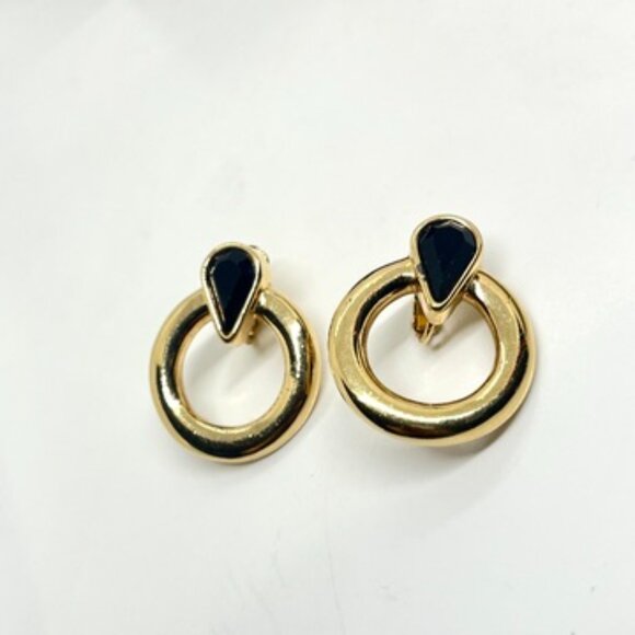 SAL VINTAGE SWAROVSKI GOLD TONE BLACK CRYSTAL EARRINGS MODERNIST CLIP ON CIRCLE - Picture 8 of 16